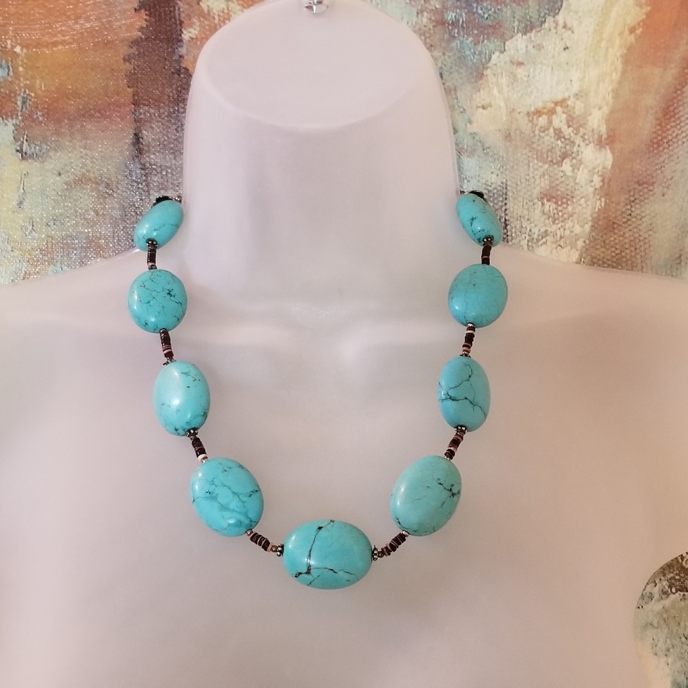 GENUINE TURQUOISE STERLING SILVER NECKLACE AND EARRINGS SET.